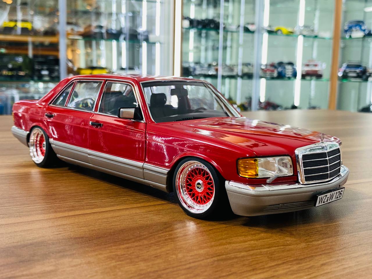 1/18 Diecast Norev Mercedes Benz 560 SEL (W126) 1987 Custom BBS Wheels Red Limited Edition