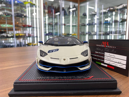 1:18 Resin MR Collection Lamborghini Aventador Roadster SVJ #63 – White/Blue – 1 of 1