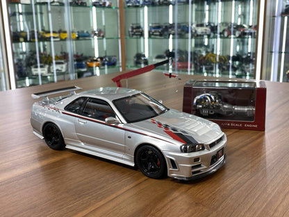 1/18 Metal Diecast - Nissan Skyline GT-R R34 (Nismo) CRS Livery Silver by MotorHelix