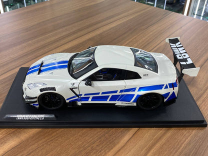 1/18 Diecast Solido Nissan GT-R R35 LBWK body kit Type 2 For paul tribute 2024 White / blue stripes