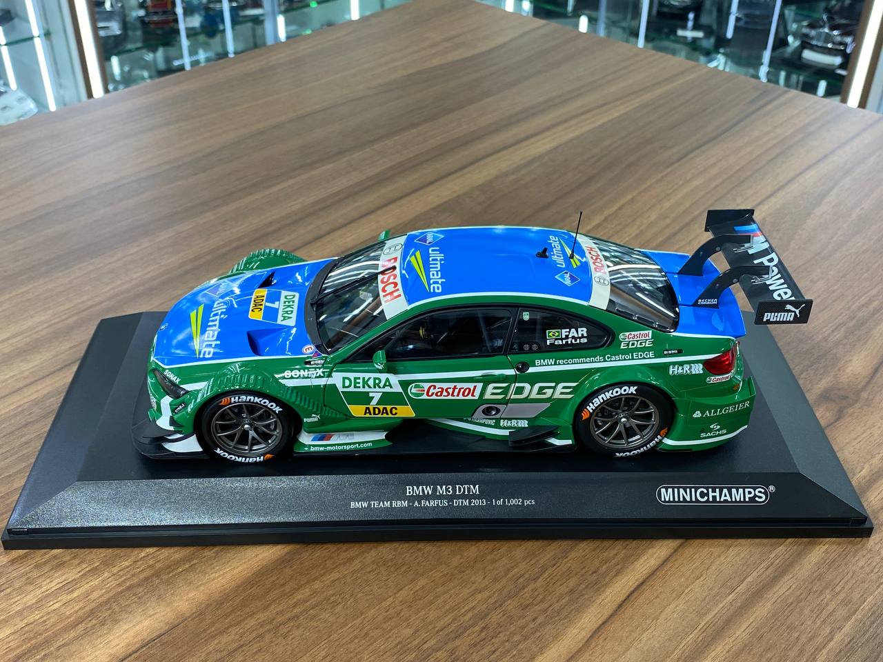 1:18 Diecast (Doors Opening) – Minichamps BMW M3 DTM 2013 #7 A. Farfus, BMW Team RBM – Green Racing Decal (Limited 1002 pcs)