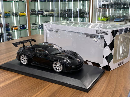 1:18 Diecast – Minichamps Porsche 911 (992) GT3 RS (2023) in Black with Silver Wheels & Black Decor