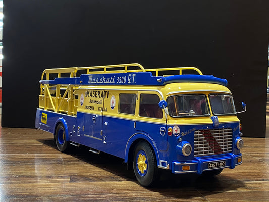 1/18 Diecast Miniature Fiat Bartoletti Tipo 642 RN2 Maserati Racing Car Transporter Blue CMR Model Car